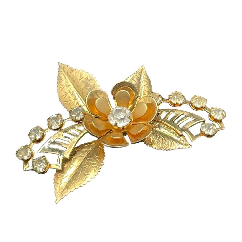 Vintage Clear Rhinestone Crystal Flower Gold Tone Brooch Pin 2.5” - Picture 1 of 4
